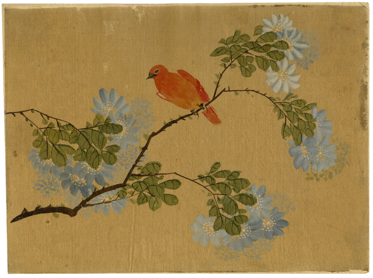 Japanese School, Blue Blossom Branch with Red Bird – c.1847 ink & colour on silk