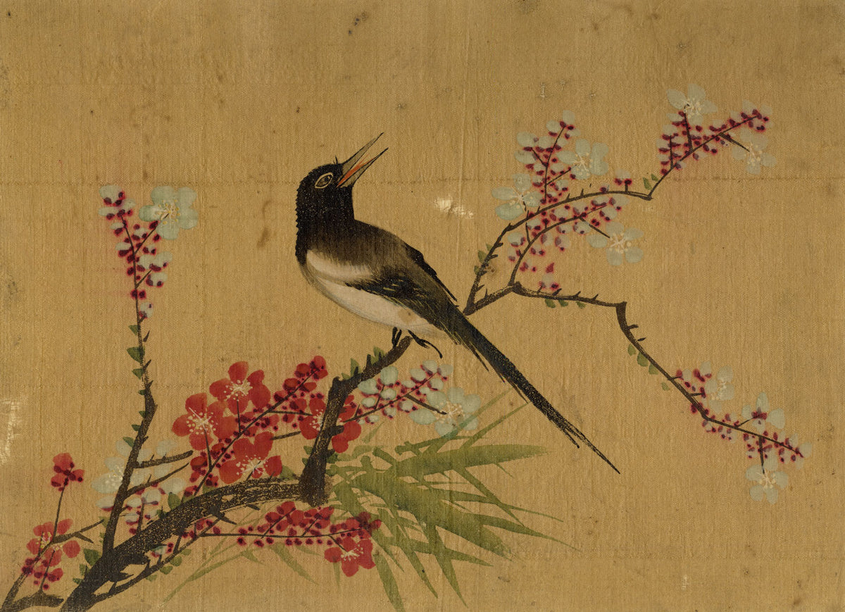 Japanese School, Magpie Bird on Plum Blossom Branch – c.1847 ink & colour on silk