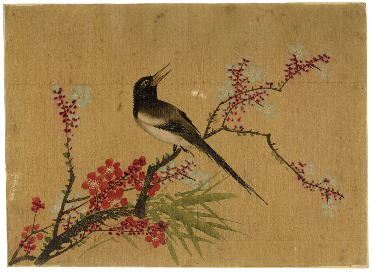 Japanese School, Magpie Bird on Plum Blossom Branch – c.1847 ink & colour on silk