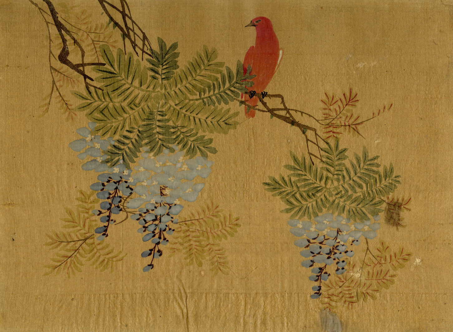 Japanese School, Wisteria Flower with Red Bird – c.1847 ink & colour on silk