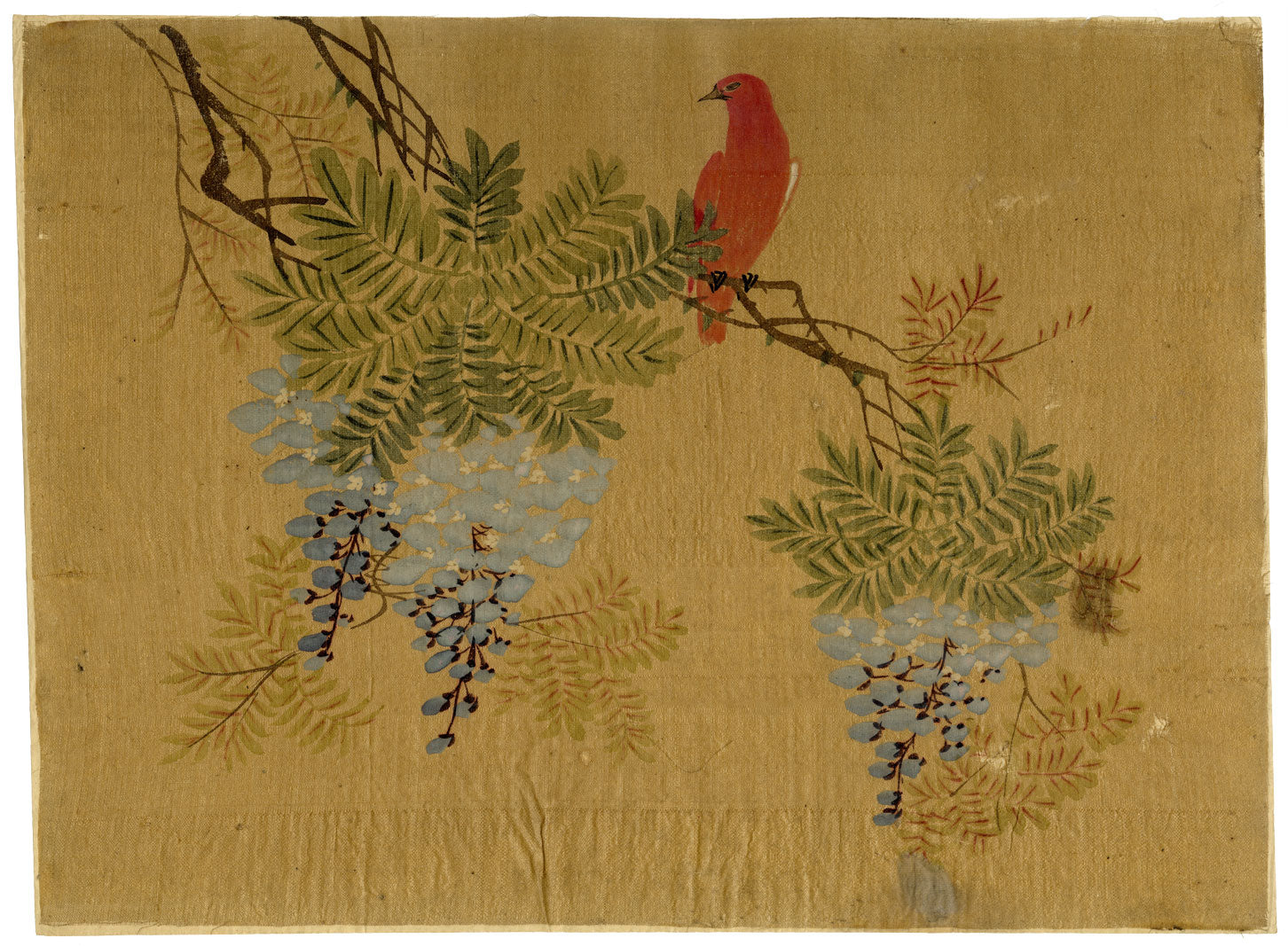 Japanese School, Wisteria Flower with Red Bird – c.1847 ink & colour on silk