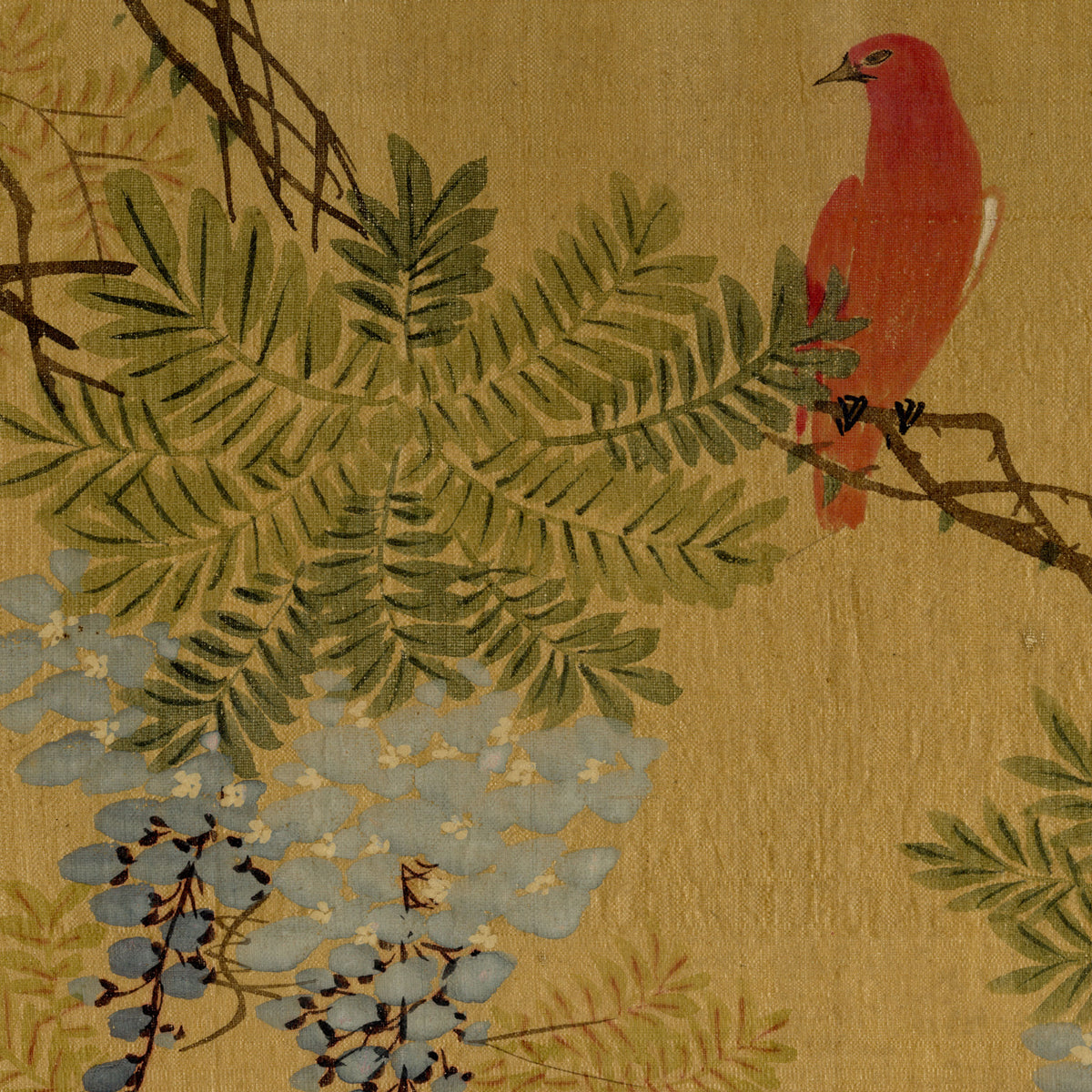 Japanese School, Wisteria Flower with Red Bird – c.1847 ink & colour on silk