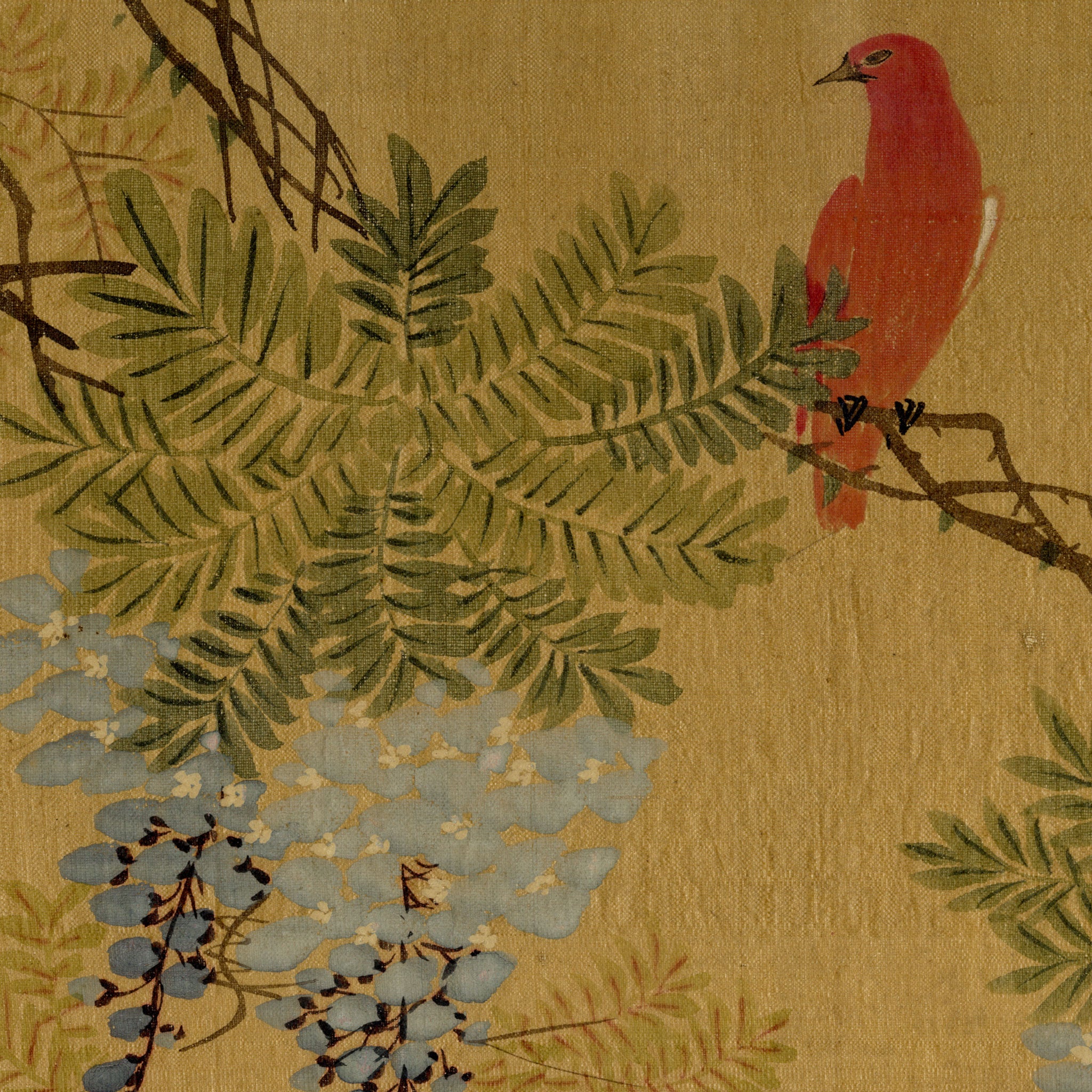 Japanese School, Wisteria Flower with Red Bird – c.1847 ink & colour on silk