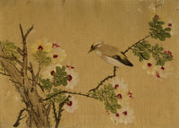 Japanese School, Waxwing Bird on Flowering Hibiscus Branch – c.1847 ink & colour on silk