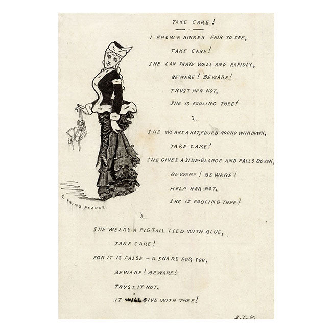 S. Tring Pearce, Female Ice Skater Cartoon & Satirical Poem Adapted from Longfellow – Late 19th-century pen & ink drawing
