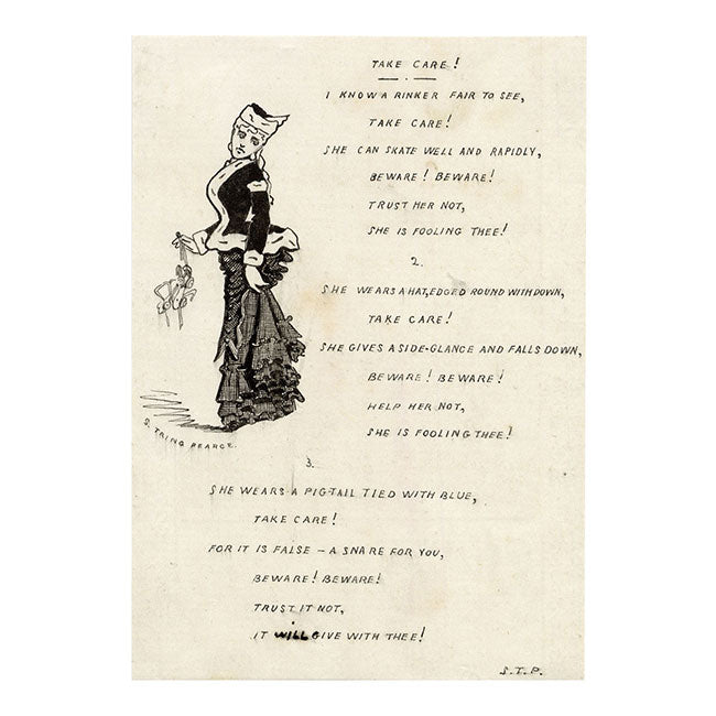 S. Tring Pearce, Female Ice Skater Cartoon & Satirical Poem Adapted from Longfellow – Late 19th-century pen & ink drawing