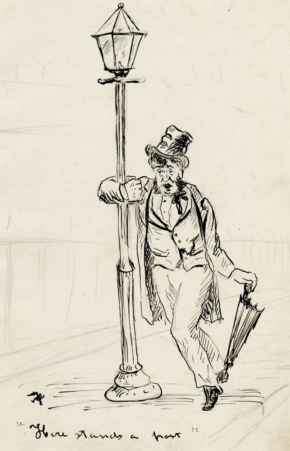 Anon., Victorian Cartoon, Drunkard by Lampost – Late 19th-century pen & ink drawing