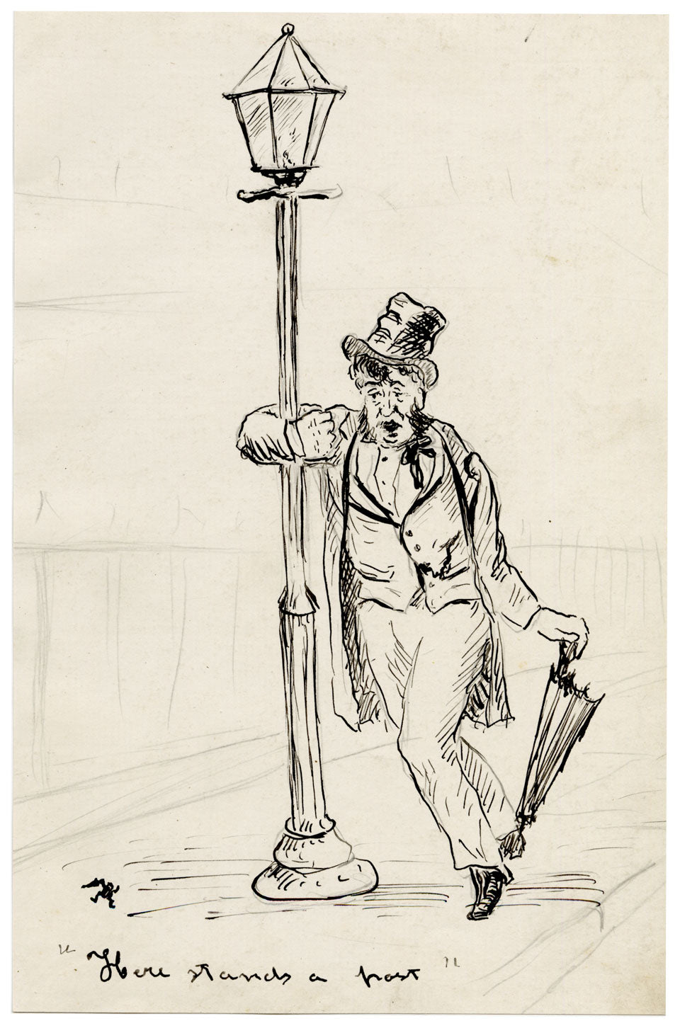 Anon., Victorian Cartoon, Drunkard by Lampost – Late 19th-century pen & ink drawing