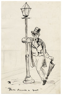 Anon., Victorian Cartoon, Drunkard by Lampost – Late 19th-century pen & ink drawing
