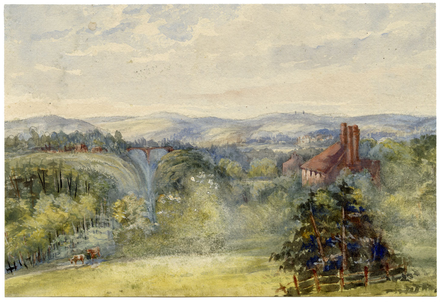 Anon., Extensive View with High Bridge – c.1870s watercolour painting
