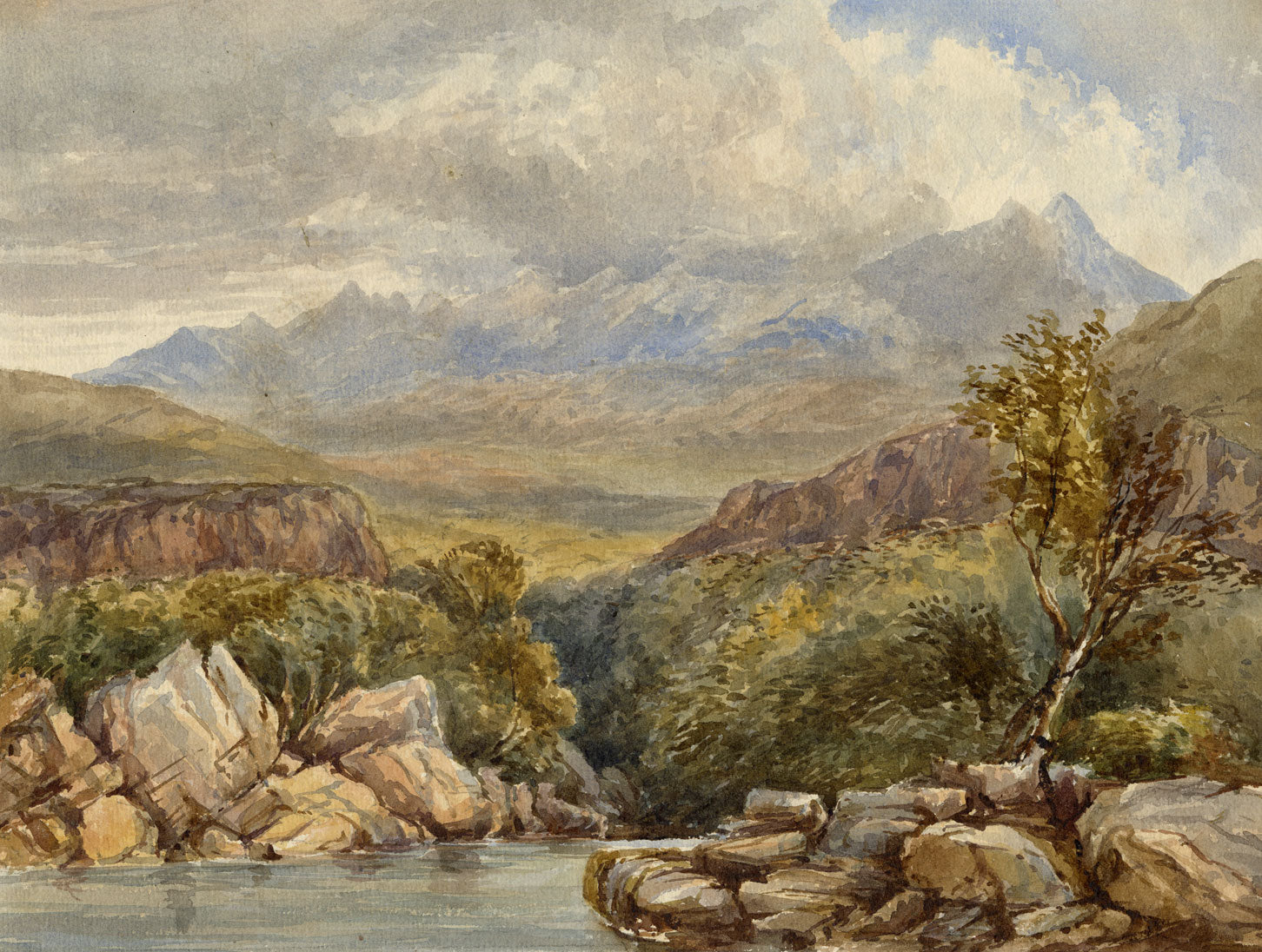 Anon., Mountain Stream Landscape – c.1870s watercolour painting