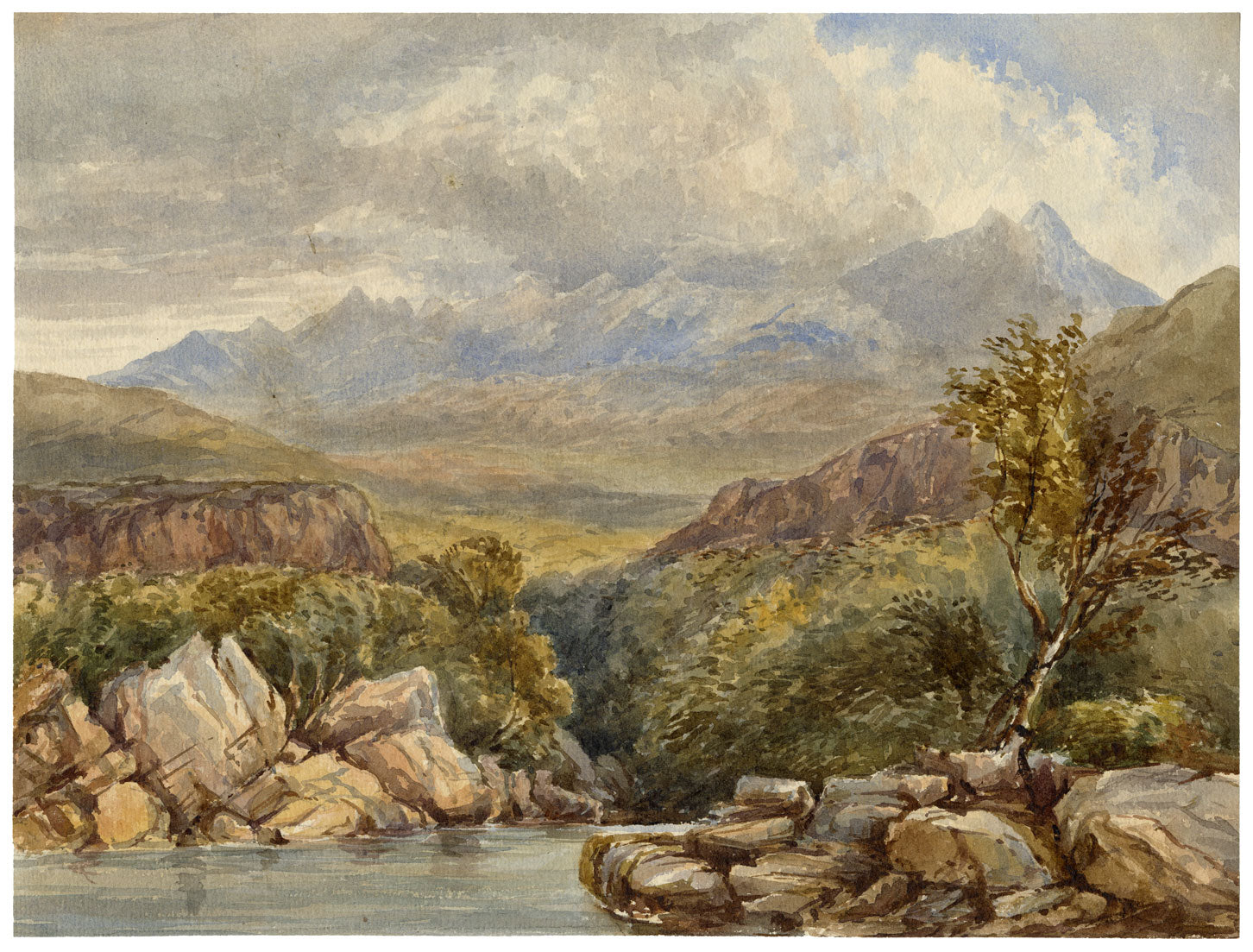 Anon., Mountain Stream Landscape – c.1870s watercolour painting