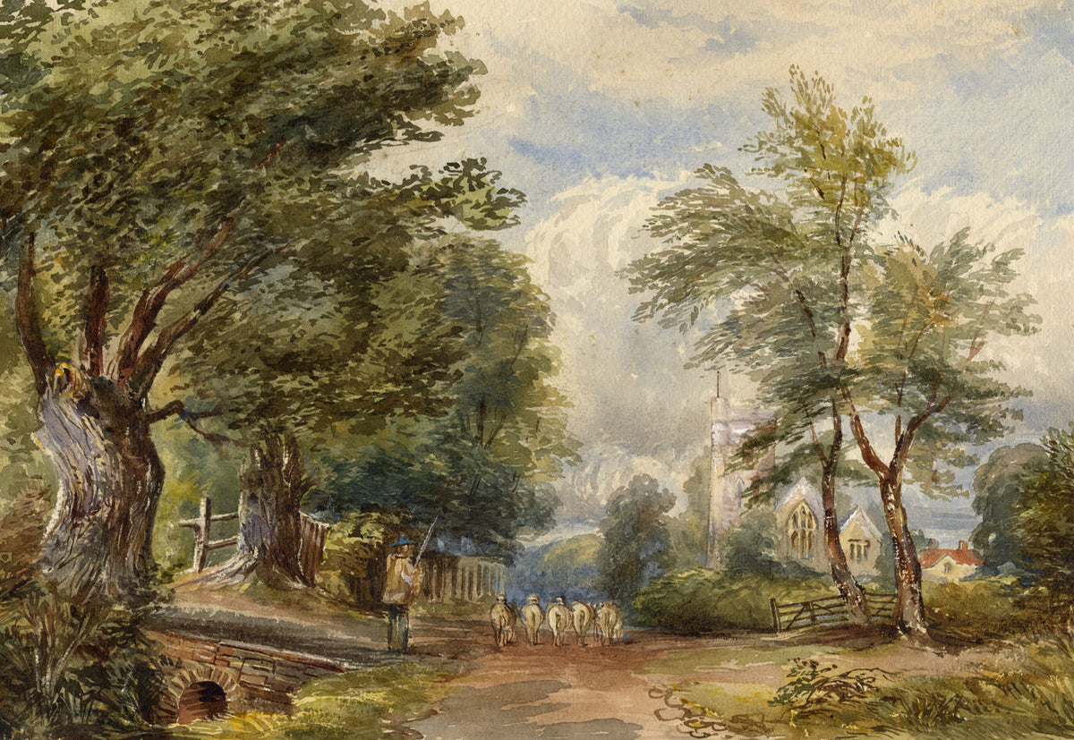 Anon., Sheep Herding on Village Lane After William Leighton Leitch – c.1870s watercolour painting
