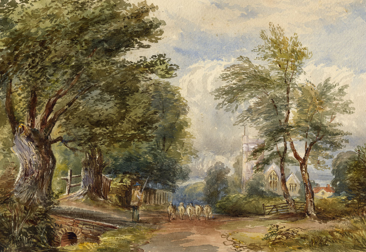 Anon., Sheep Herding on Village Lane After William Leighton Leitch – c.1870s watercolour painting