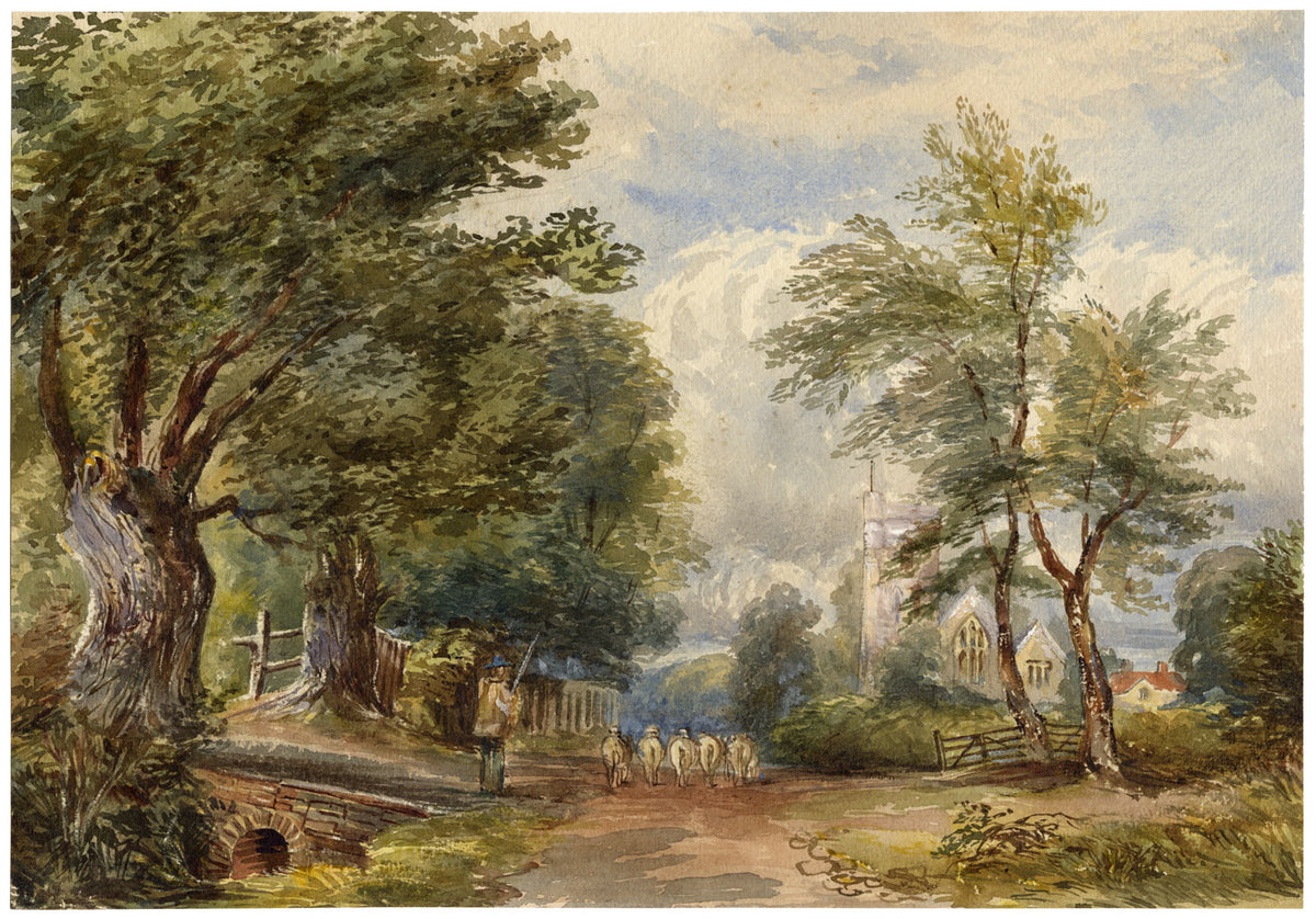 Anon., Sheep Herding on Village Lane After William Leighton Leitch – c.1870s watercolour painting