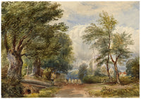 Anon., Sheep Herding on Village Lane After William Leighton Leitch – c.1870s watercolour painting