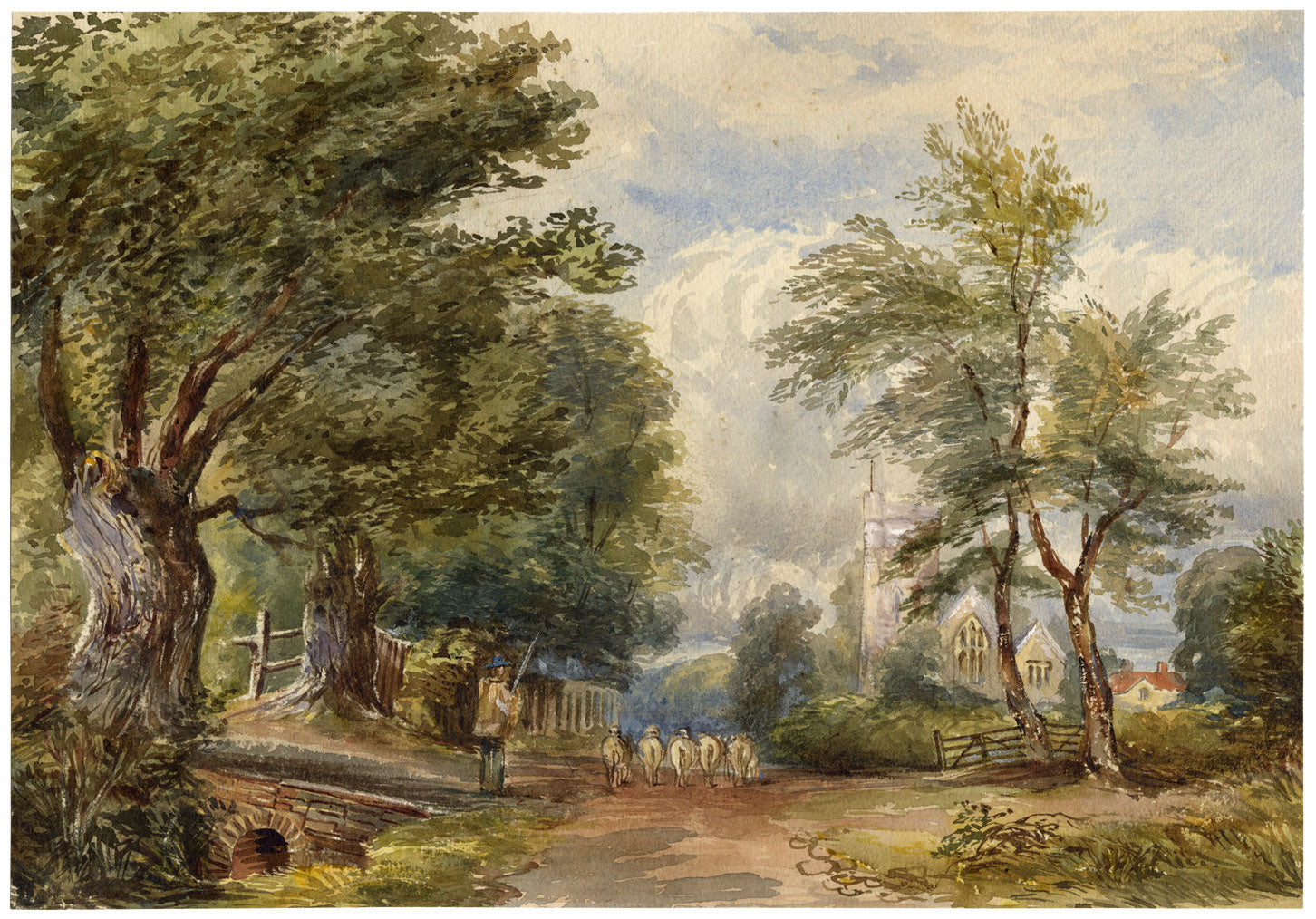 Anon., Sheep Herding on Village Lane After William Leighton Leitch – c.1870s watercolour painting