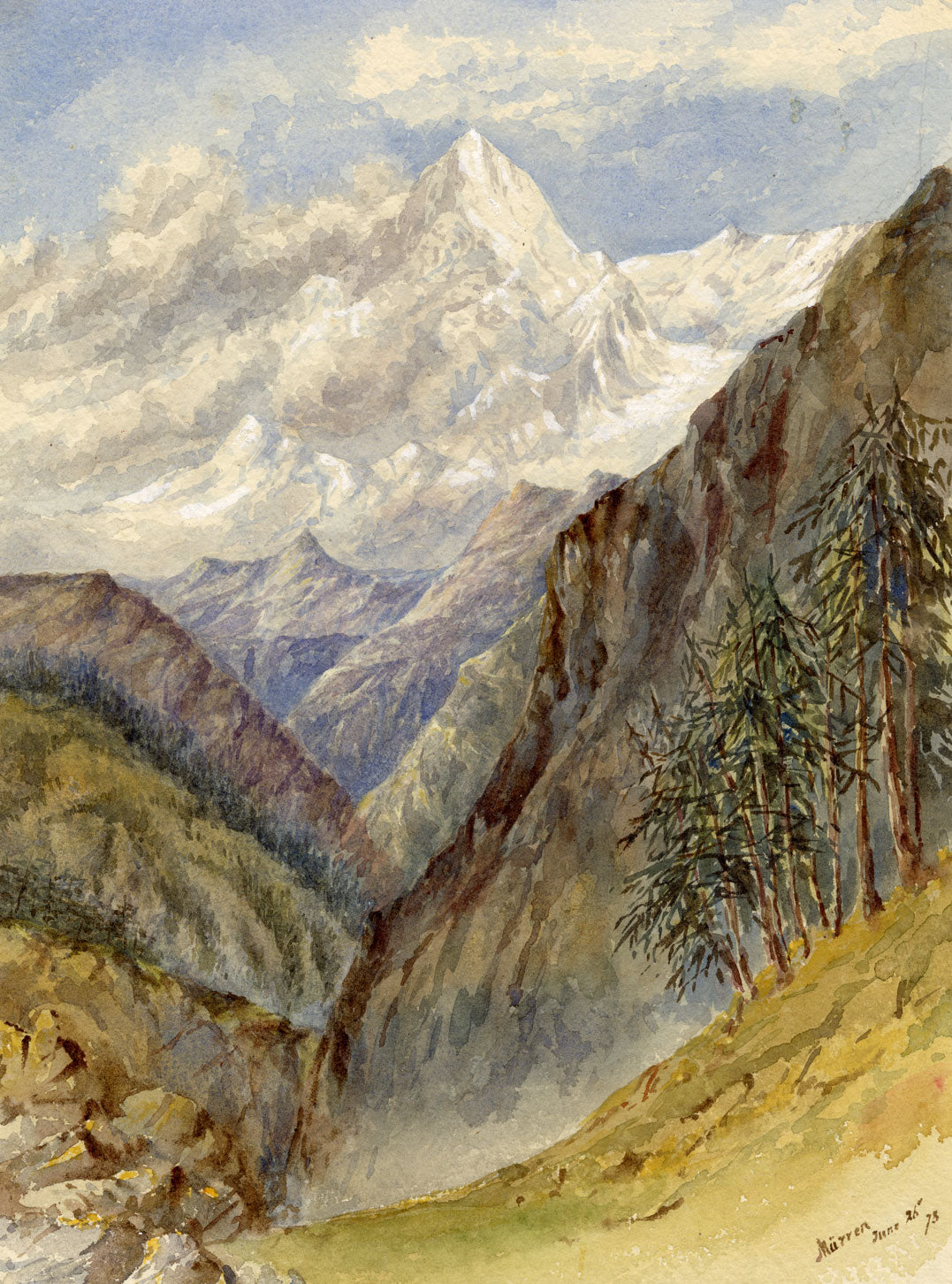 Anon., Bernese Alps, Mürren, Switzerland – 1873 watercolour painting
