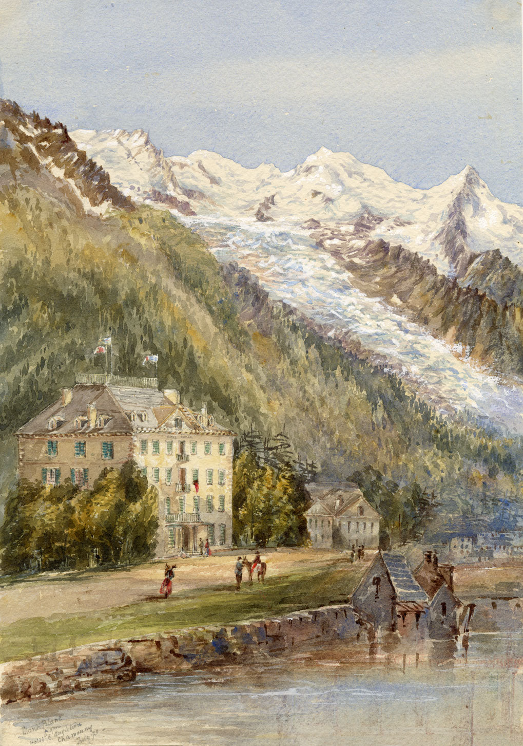 Anon., Mont Blanc from Hotel d'Angleterre, Chamonix, Switzerland – 1873 watercolour painting