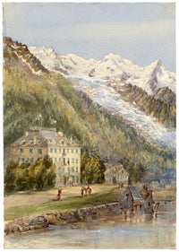 Anon., Mont Blanc from Hotel d'Angleterre, Chamonix, Switzerland – 1873 watercolour painting