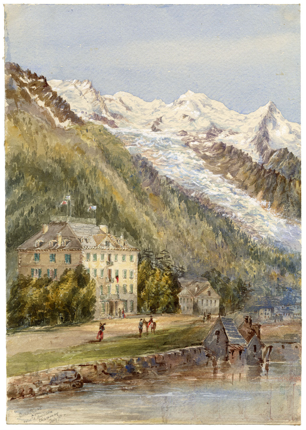 Anon., Mont Blanc from Hotel d'Angleterre, Chamonix, Switzerland – 1873 watercolour painting