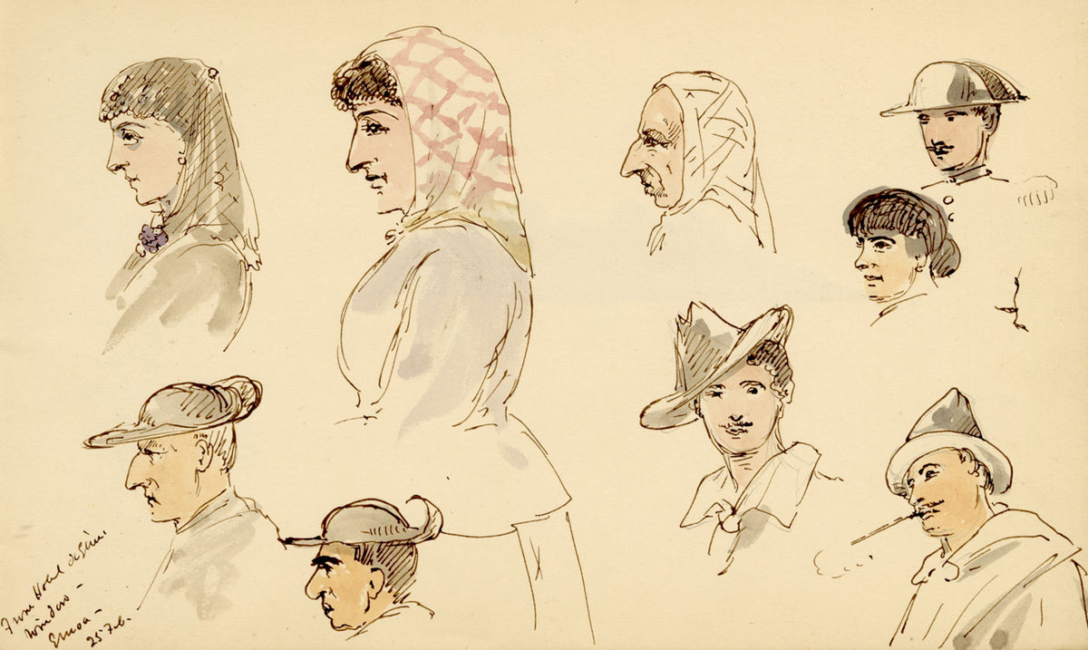 Mary Elizabeth Crawhall, Portrait Studies from the Hotel Window, Genoa, Italy – 1884 watercolour painting