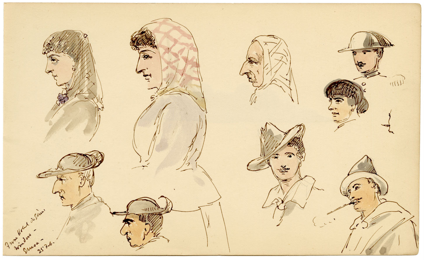 Mary Elizabeth Crawhall, Portrait Studies from the Hotel Window, Genoa, Italy – 1884 watercolour painting