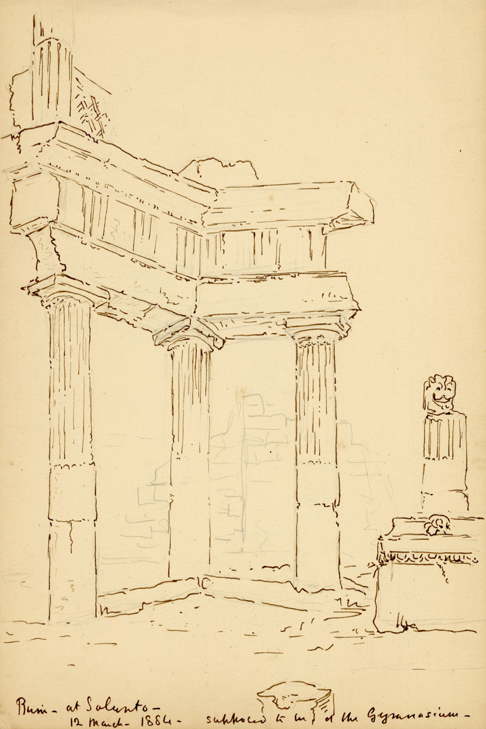 Mary Elizabeth Crawhall, Ruins at Solunto (Soluntum) Gymnasium, near Palermo, Sicily, Italy – 1884 pen & ink drawing