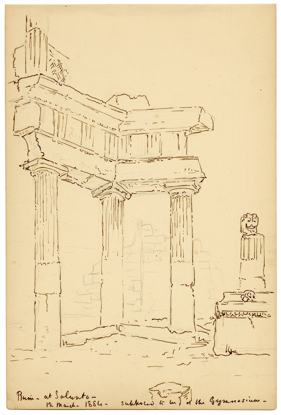 Mary Elizabeth Crawhall, Ruins at Solunto (Soluntum) Gymnasium, near Palermo, Sicily, Italy – 1884 pen & ink drawing