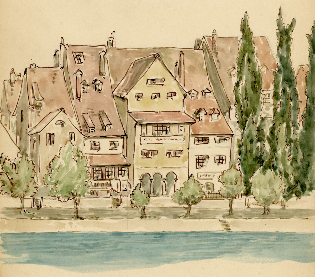 Mary Elizabeth Crawhall, Old Houses at Basel on the River Rhine, Switzerland – 1887 watercolour painting