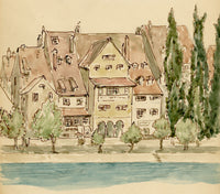 Mary Elizabeth Crawhall, Old Houses at Basel on the River Rhine, Switzerland – 1887 watercolour painting