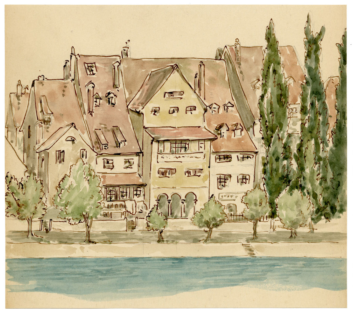 Mary Elizabeth Crawhall, Old Houses at Basel on the River Rhine, Switzerland – 1887 watercolour painting