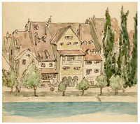 Mary Elizabeth Crawhall, Old Houses at Basel on the River Rhine, Switzerland – 1887 watercolour painting