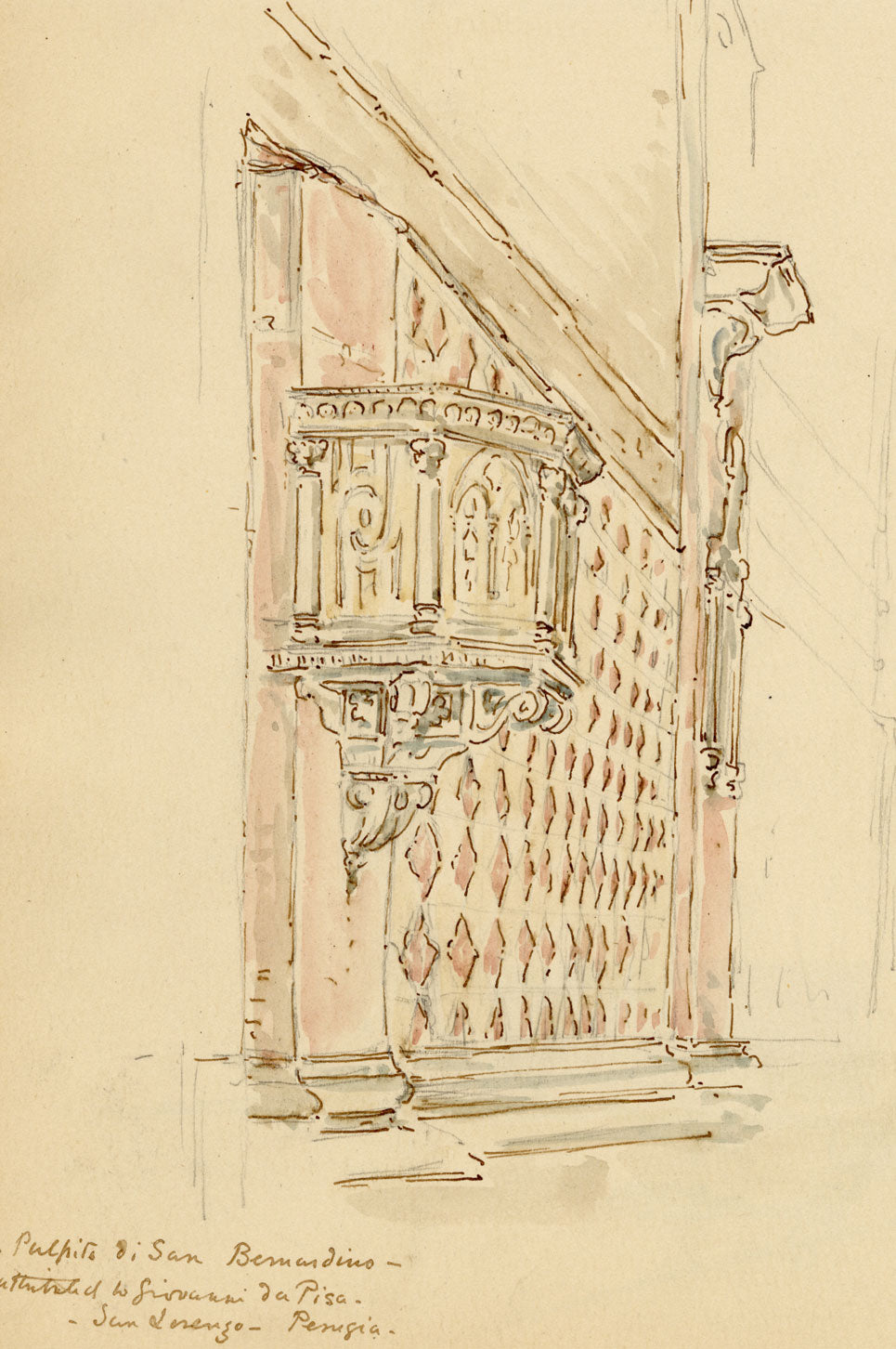 Mary Elizabeth Crawhall, Renaissance Pulpit, Oratory of San Bernardino, Perugia, Italy – 1889 watercolour painting