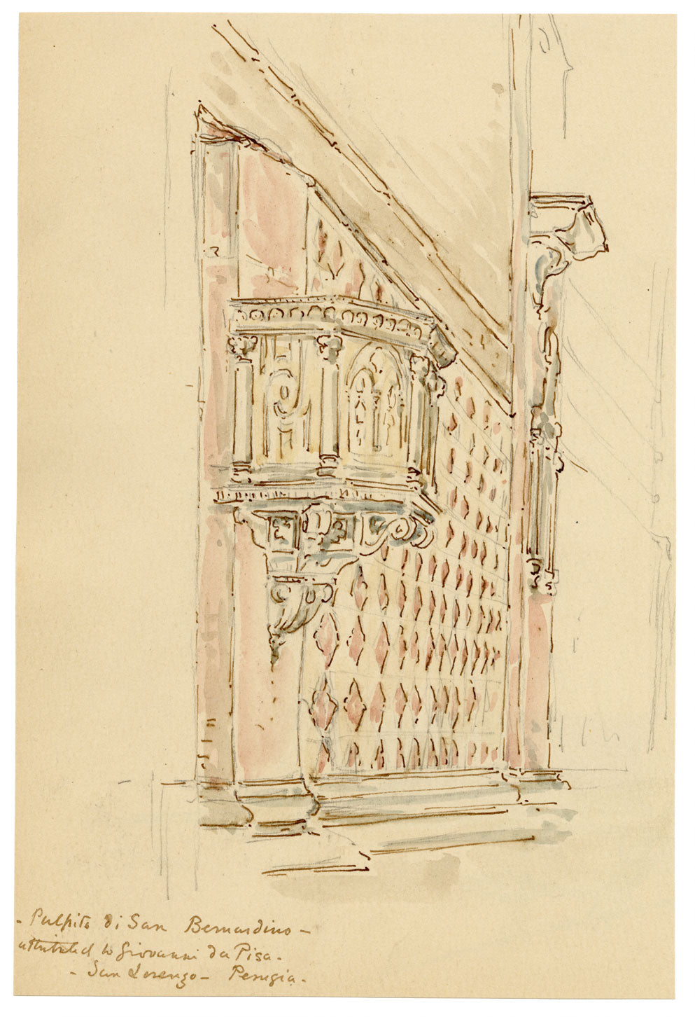 Mary Elizabeth Crawhall, Renaissance Pulpit, Oratory of San Bernardino, Perugia, Italy – 1889 watercolour painting