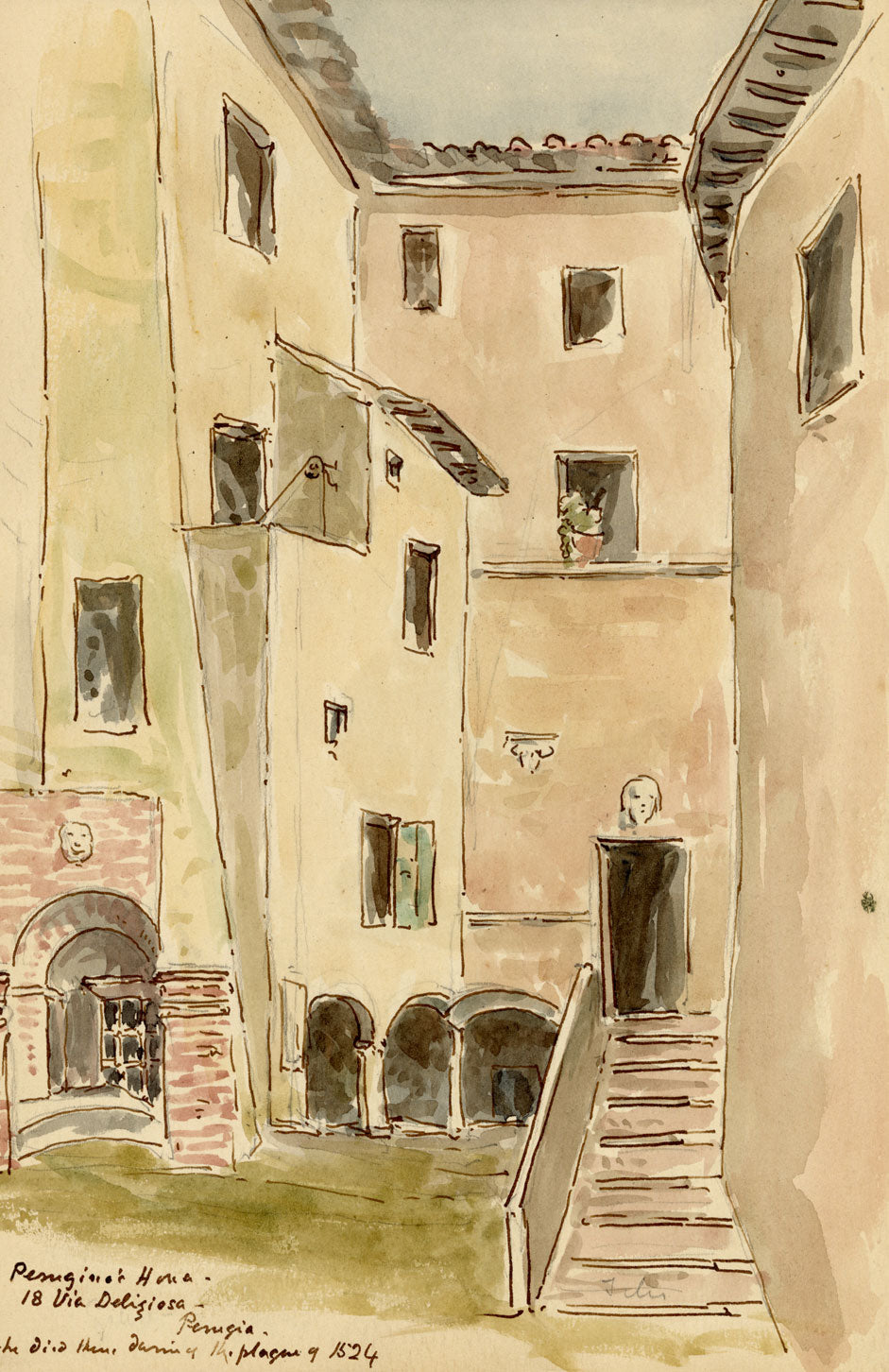 Mary Elizabeth Crawhall, Perugino's House, 18 Via Deliziosa, Perugia, Italy – 1889 watercolour painting