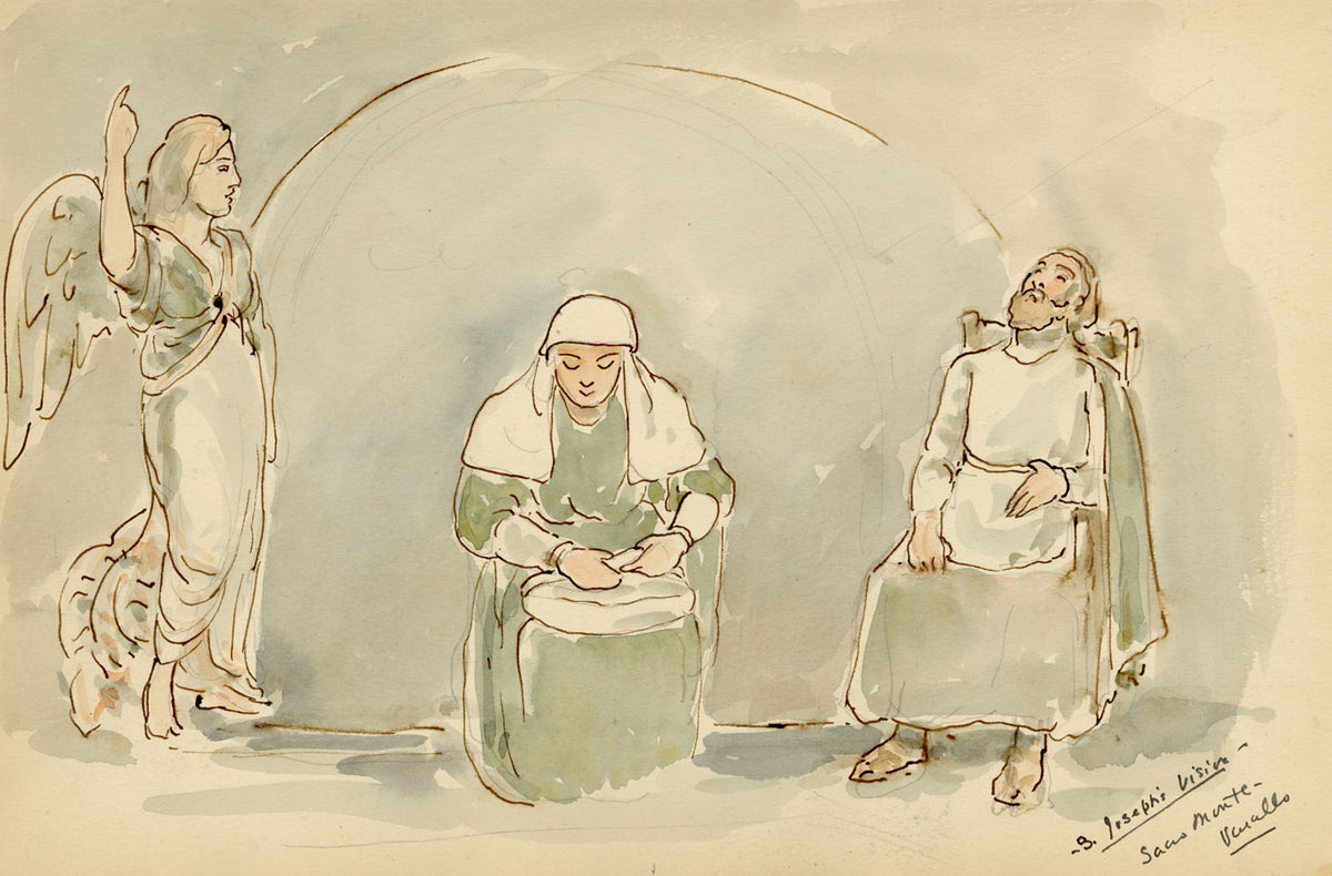 Mary Elizabeth Crawhall, Dream of Saint Joseph Sculptures, Sacro Monte di Varallo, Piedmont, Italy – 1893 watercolour painting