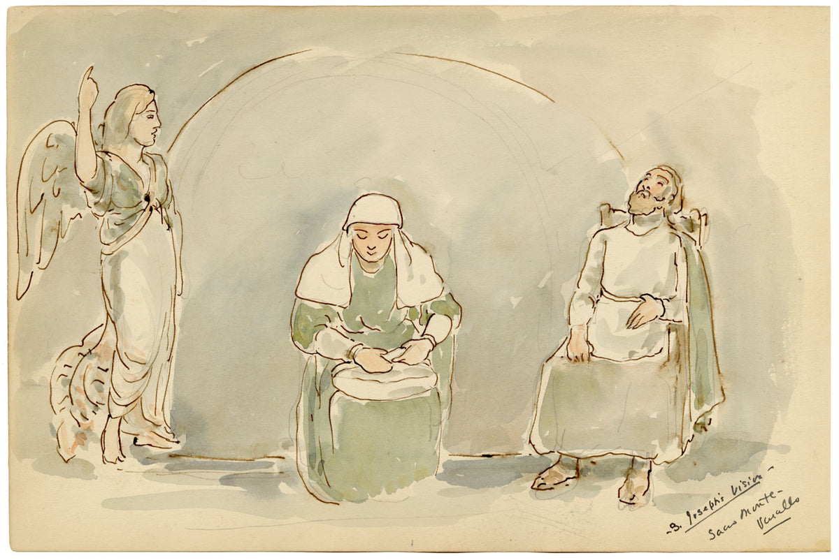 Mary Elizabeth Crawhall, Dream of Saint Joseph Sculptures, Sacro Monte di Varallo, Piedmont, Italy – 1893 watercolour painting