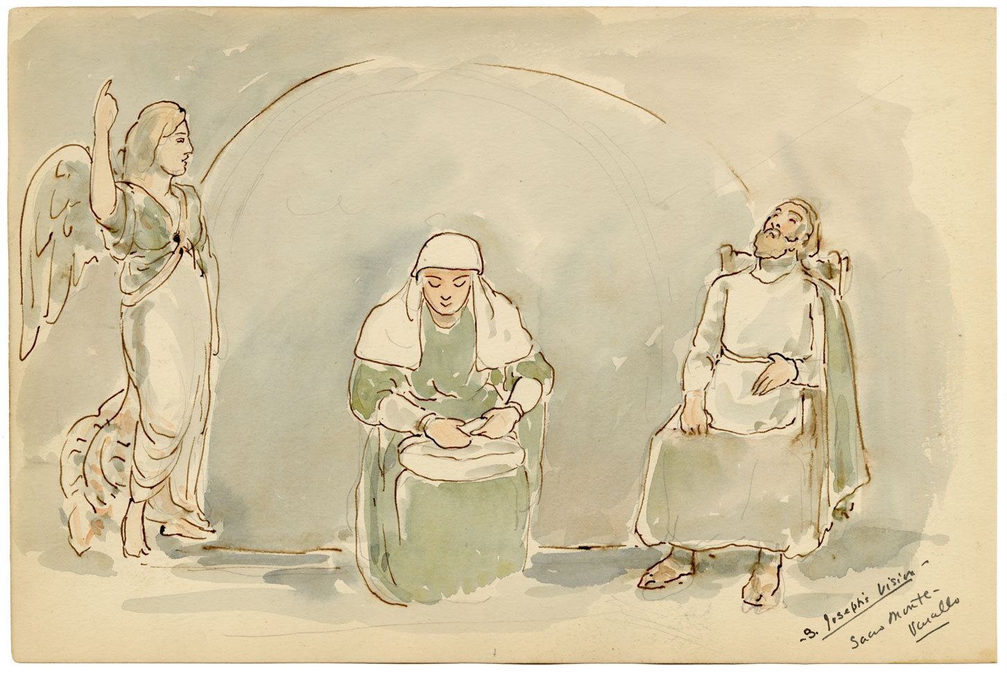 Mary Elizabeth Crawhall, Dream of Saint Joseph Sculptures, Sacro Monte di Varallo, Piedmont, Italy – 1893 watercolour painting