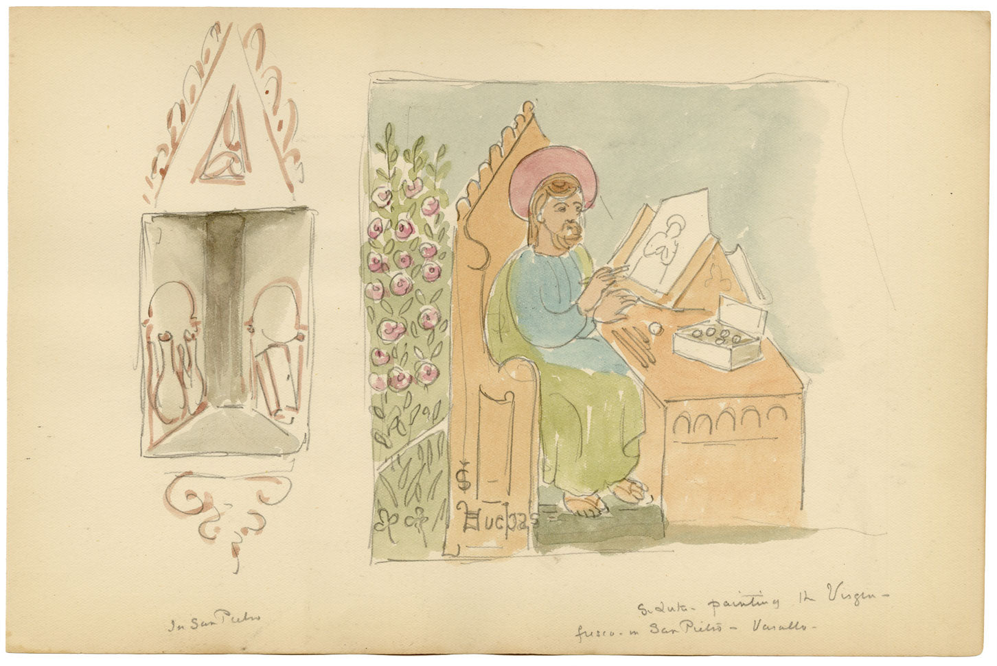 Mary Elizabeth Crawhall, Fresco St Luke Painting the Virgin, San Pietro, Varallo, Piedmont, Italy – 1893 watercolour painting