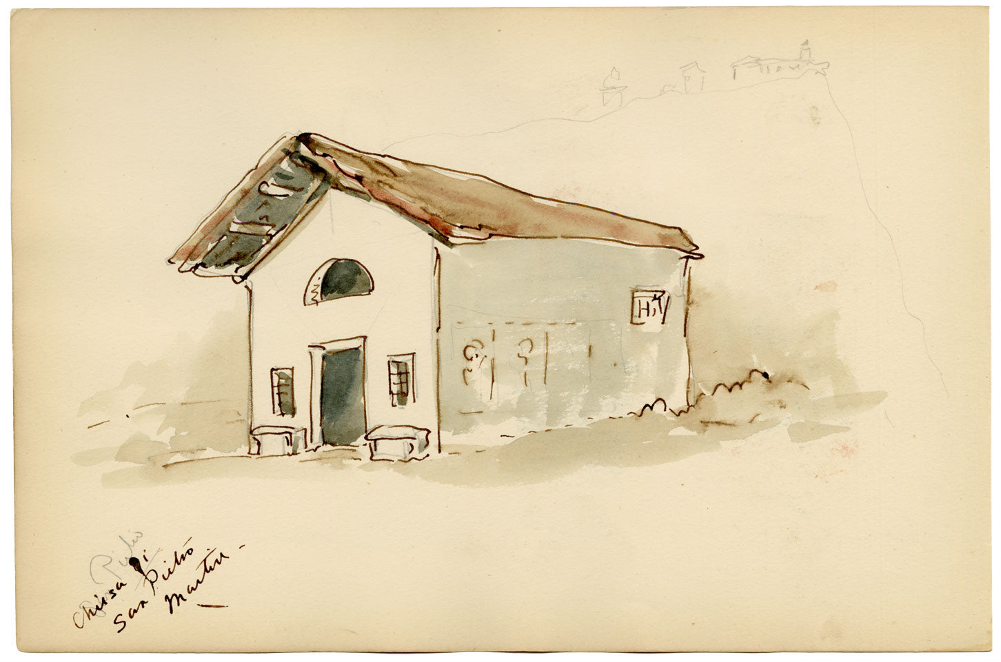 Mary Elizabeth Crawhall, Fresco St Luke Painting the Virgin, San Pietro, Varallo, Piedmont, Italy – 1893 watercolour painting