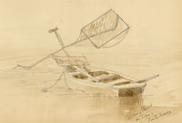 Mary Elizabeth Crawhall, Fishing Boat on Tiber River near Ponte Molle Bridge, Rome, Italy – 1896 watercolour painting