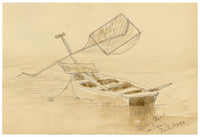 Mary Elizabeth Crawhall, Fishing Boat on Tiber River near Ponte Molle Bridge, Rome, Italy – 1896 watercolour painting