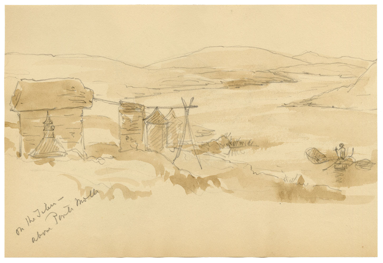 Mary Elizabeth Crawhall, Fishing Boat on Tiber River near Ponte Molle Bridge, Rome, Italy – 1896 watercolour painting