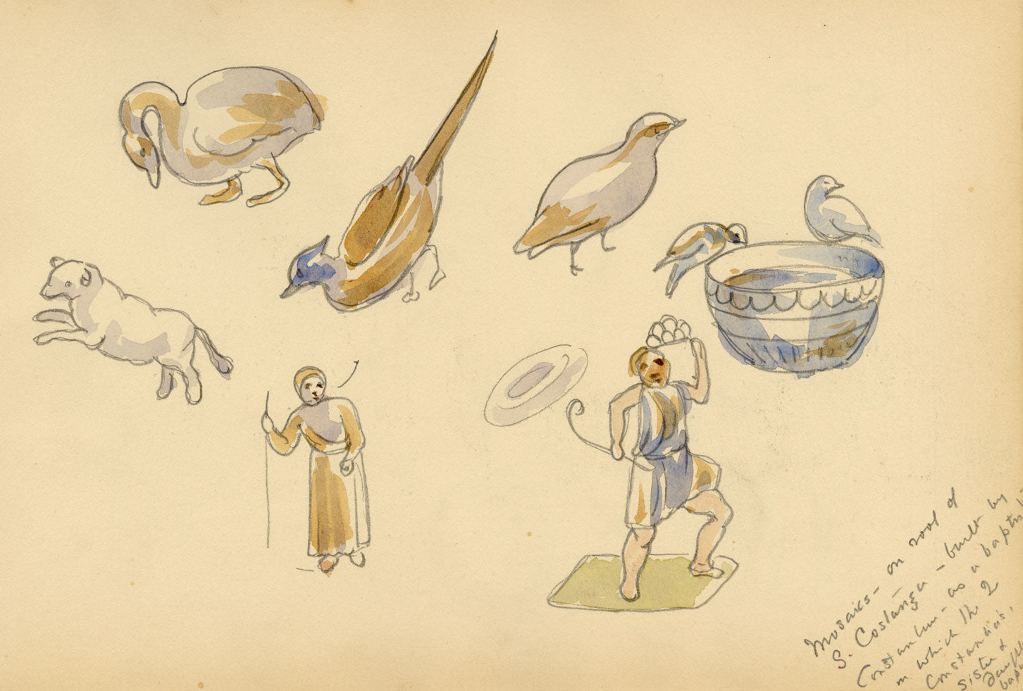 Mary Elizabeth Crawhall, Ceiling Mosaics at Mausoleum of Santa Costanza, Rome, Italy – 1896 watercolour painting