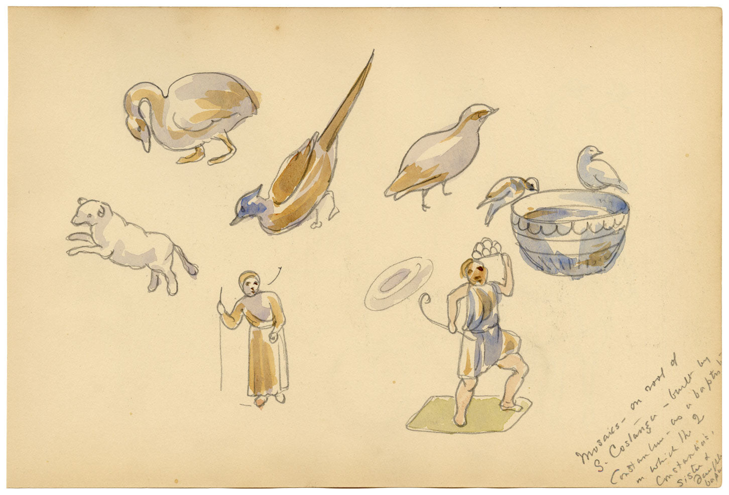 Mary Elizabeth Crawhall, Ceiling Mosaics at Mausoleum of Santa Costanza, Rome, Italy – 1896 watercolour painting