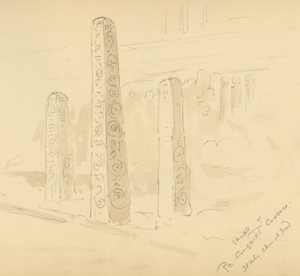 Mary Elizabeth Crawhall, Saxon Cross-Shafts, All Saints' Churchyard, Ilkley, Yorkshire – 1898 watercolour painting