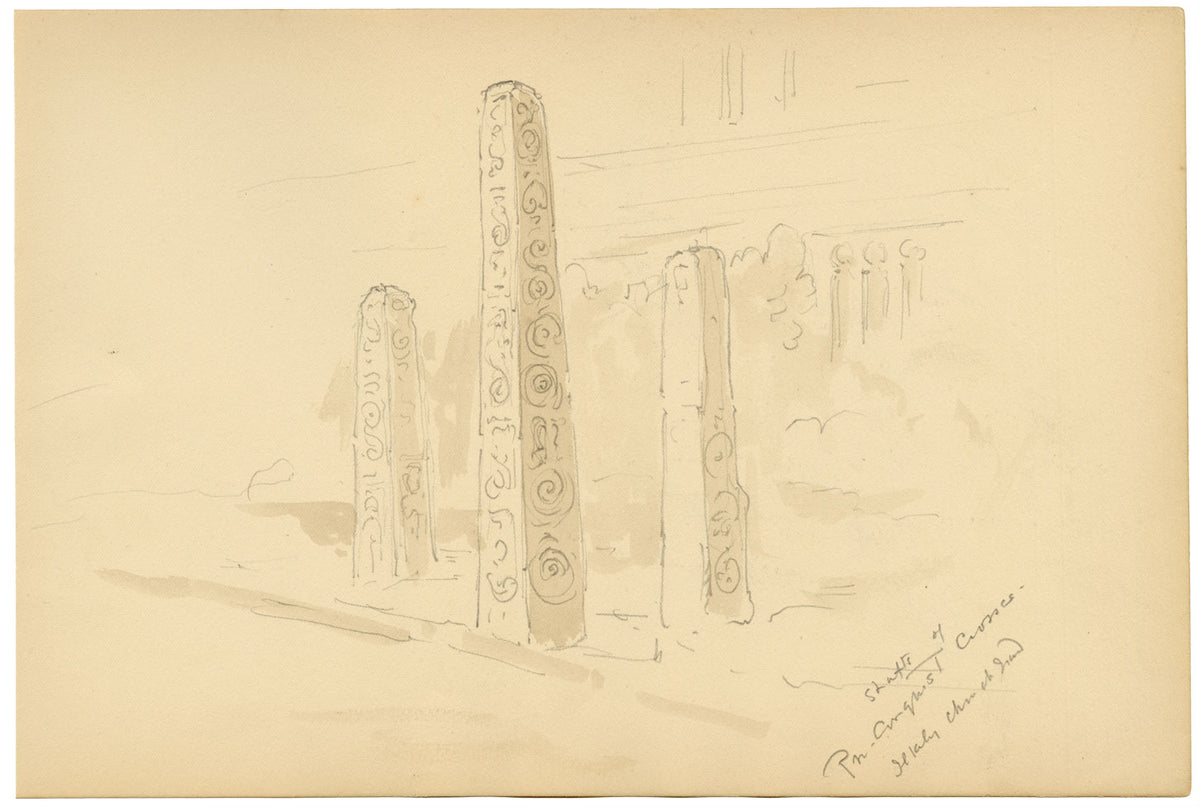 Mary Elizabeth Crawhall, Saxon Cross-Shafts, All Saints' Churchyard, Ilkley, Yorkshire – 1898 watercolour painting