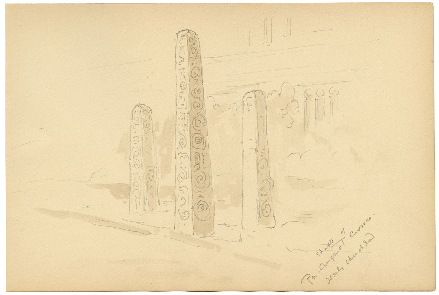 Mary Elizabeth Crawhall, Saxon Cross-Shafts, All Saints' Churchyard, Ilkley, Yorkshire – 1898 watercolour painting