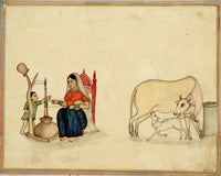 Punjab School, A Women Churning Butter with Child & Cows – Early 19th-century watercolour painting